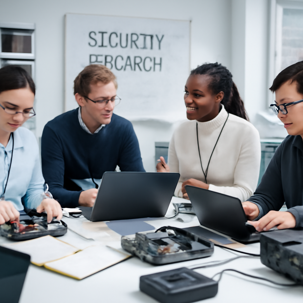 Diverse team of researchers and security experts gathered around a table with laptops and testing equipment.