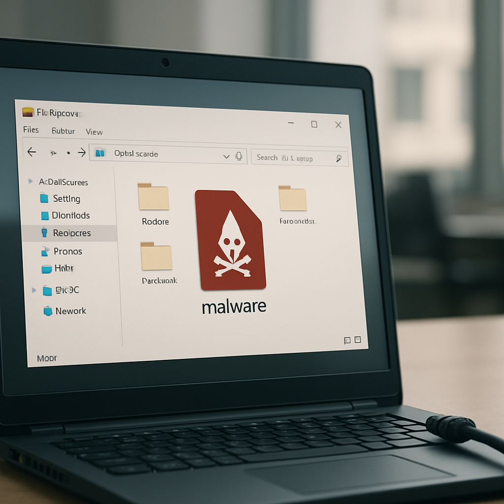 Windows desktop with file explorer open, showing a malicious file, connected to a network, in a blurred office background.