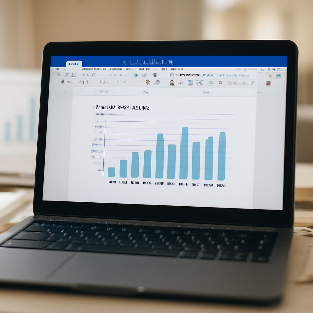 Laptop screen displays Microsoft Word document with rewritten text, on cluttered desk in bright office.