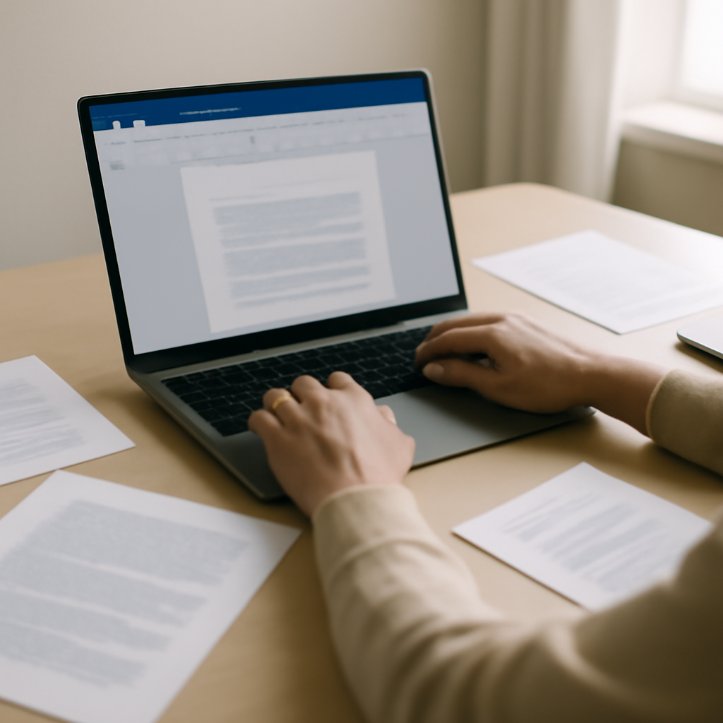 Person working on laptop with Microsoft Word open in a minimalist office setting.