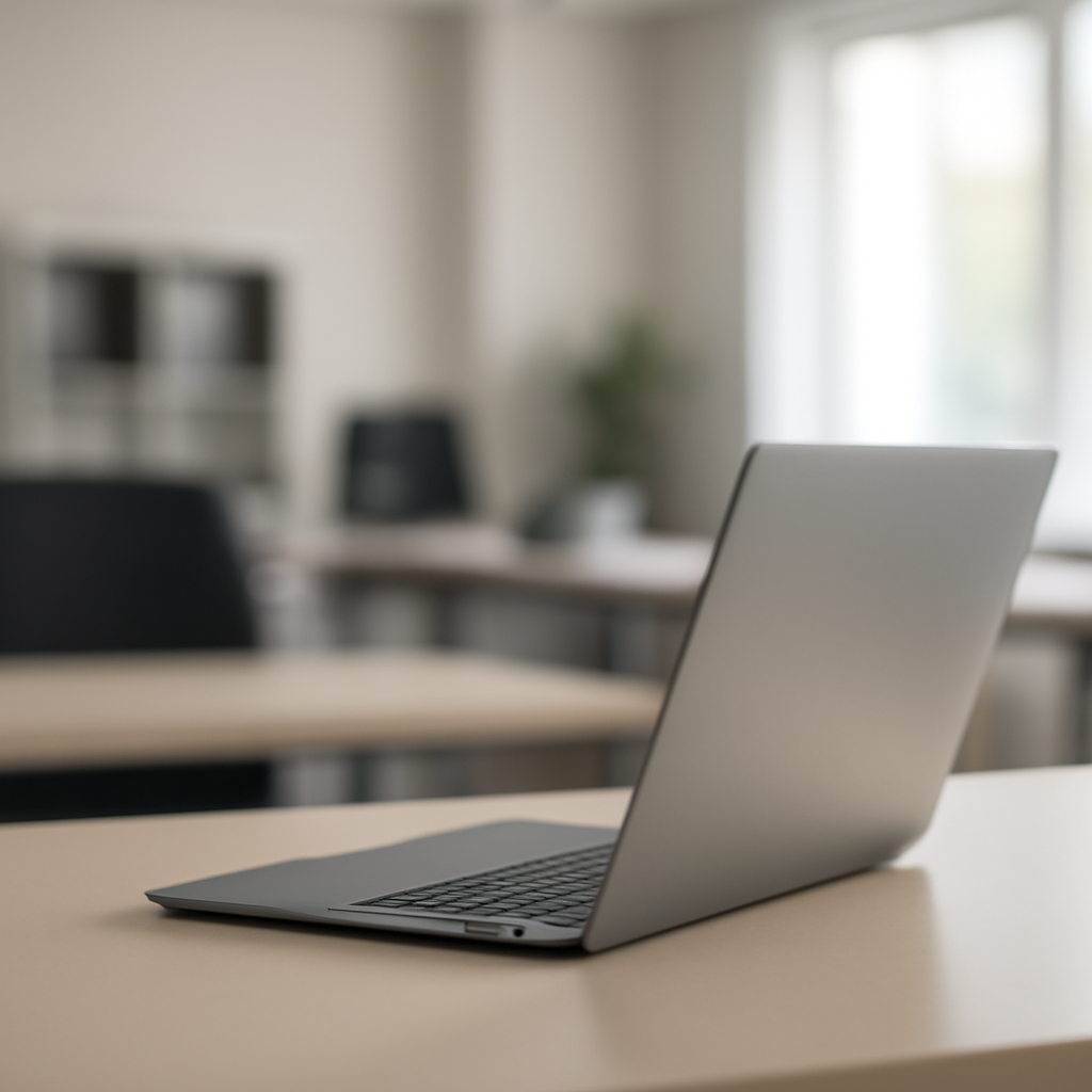Empty office setting with a laptop on a desk, screen facing away, surrounded by blurred office furniture and soft natural…