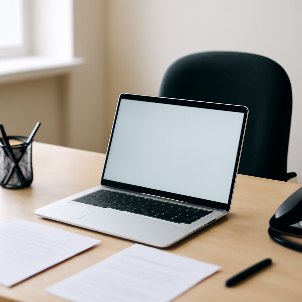 Office workstation with laptop, desk, chair, and papers in a calm, neutral-colored setting.
