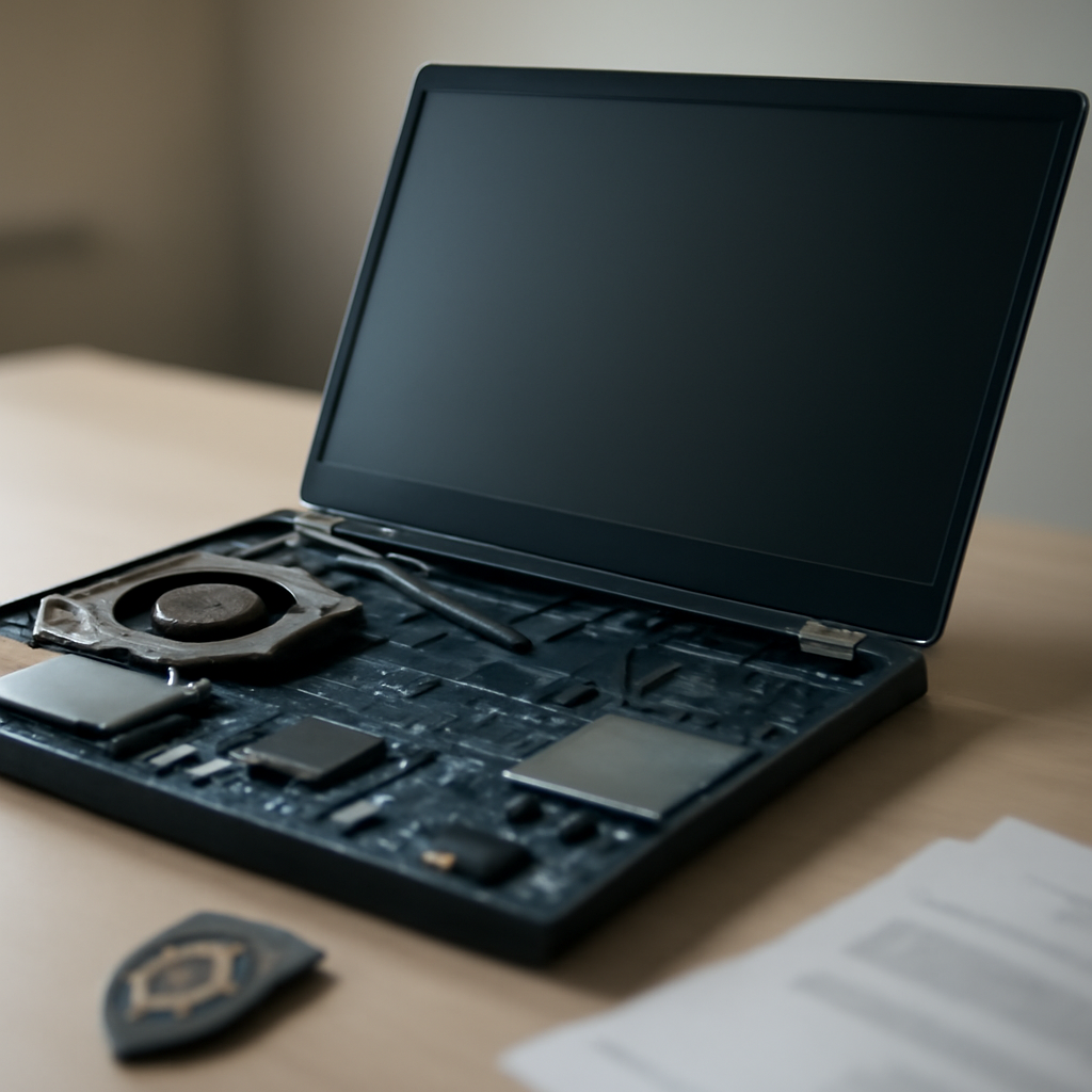 Laptop interior with open lid, motherboard, and screen, beside a security emblem.