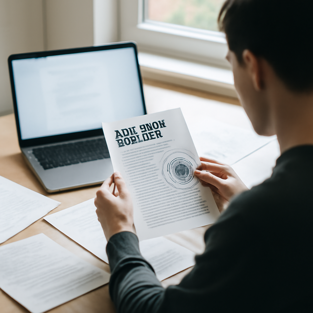 Security researcher examines documents at desk with laptop and notes.