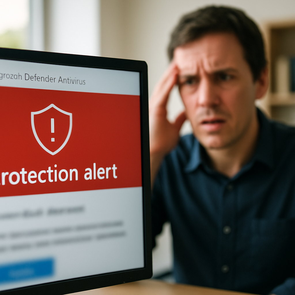 Windows computer screen shows alert, person in background looks on with concern.
