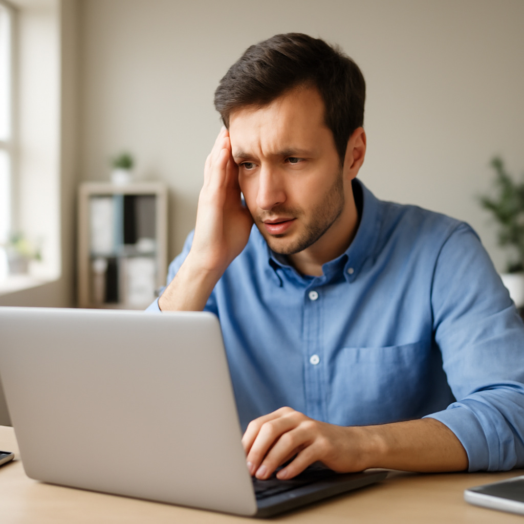 Person sitting at desk, looking concerned at laptop screen with hands on keyboard.