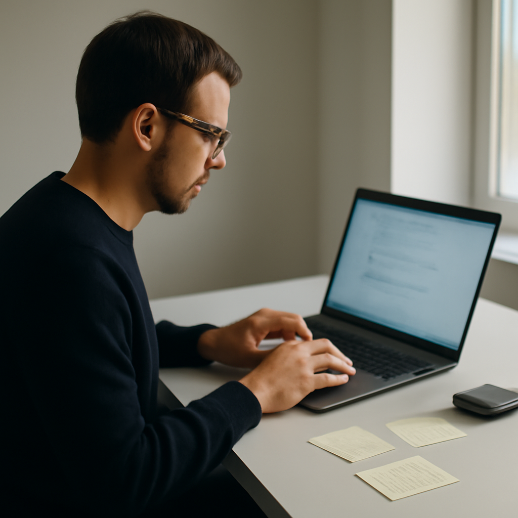 Security researcher pauses over laptop keyboard, surrounded by notes and peripherals.