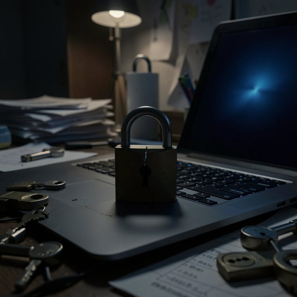 A cracked padlock lies on a laptop keyboard with a faintly glowing screen, surrounded by a dimly lit room with scattered…