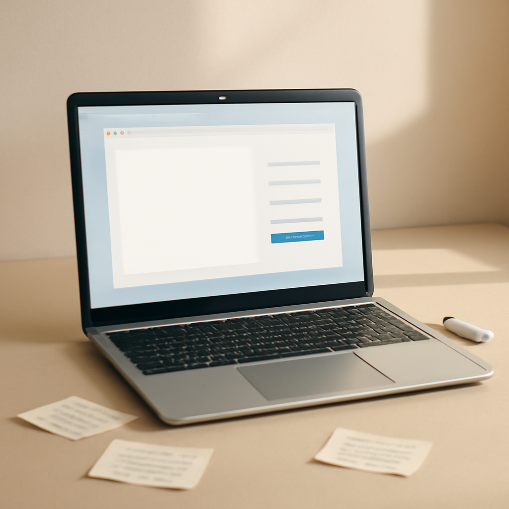 Windows laptop on a plain surface with a blank system interface on screen, nearby USB drive and scattered notes.