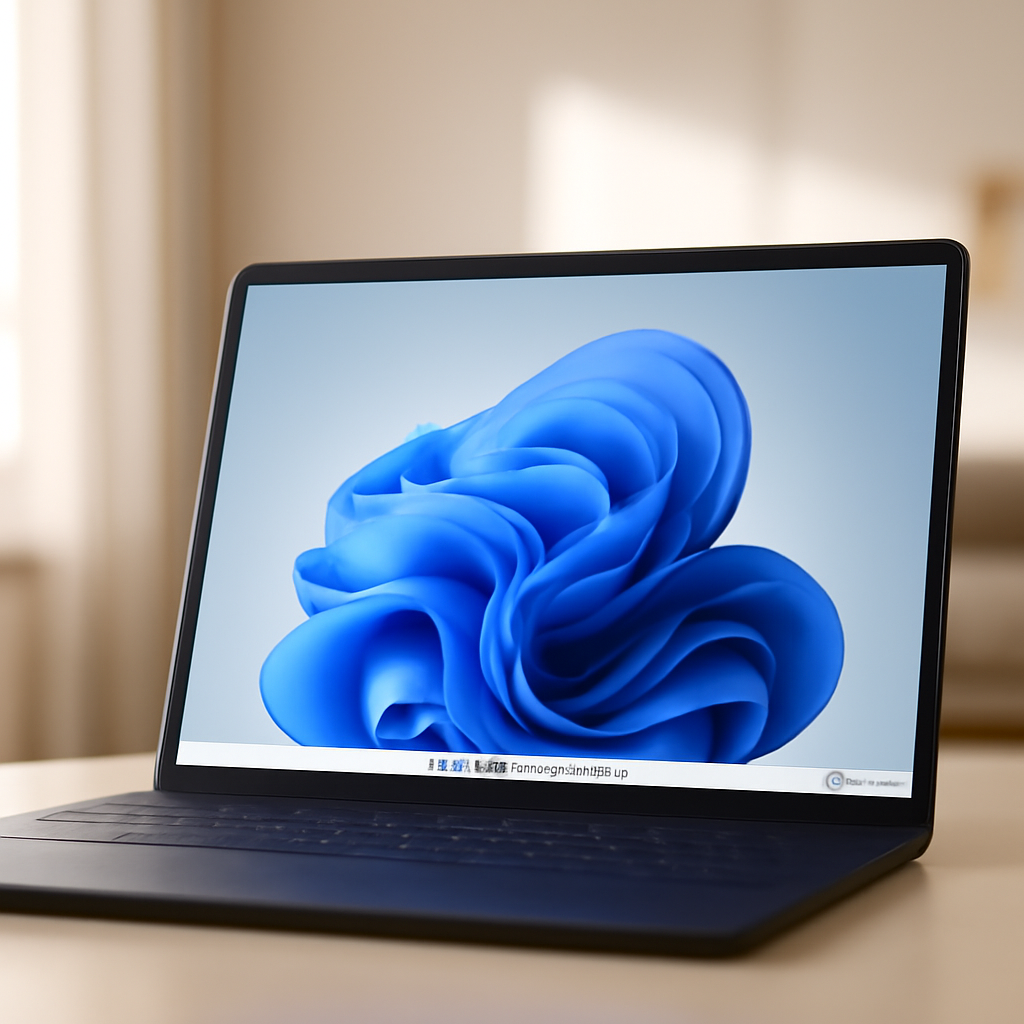 Laptop screen on a neutral surface displaying Windows desktop in a well-lit room.