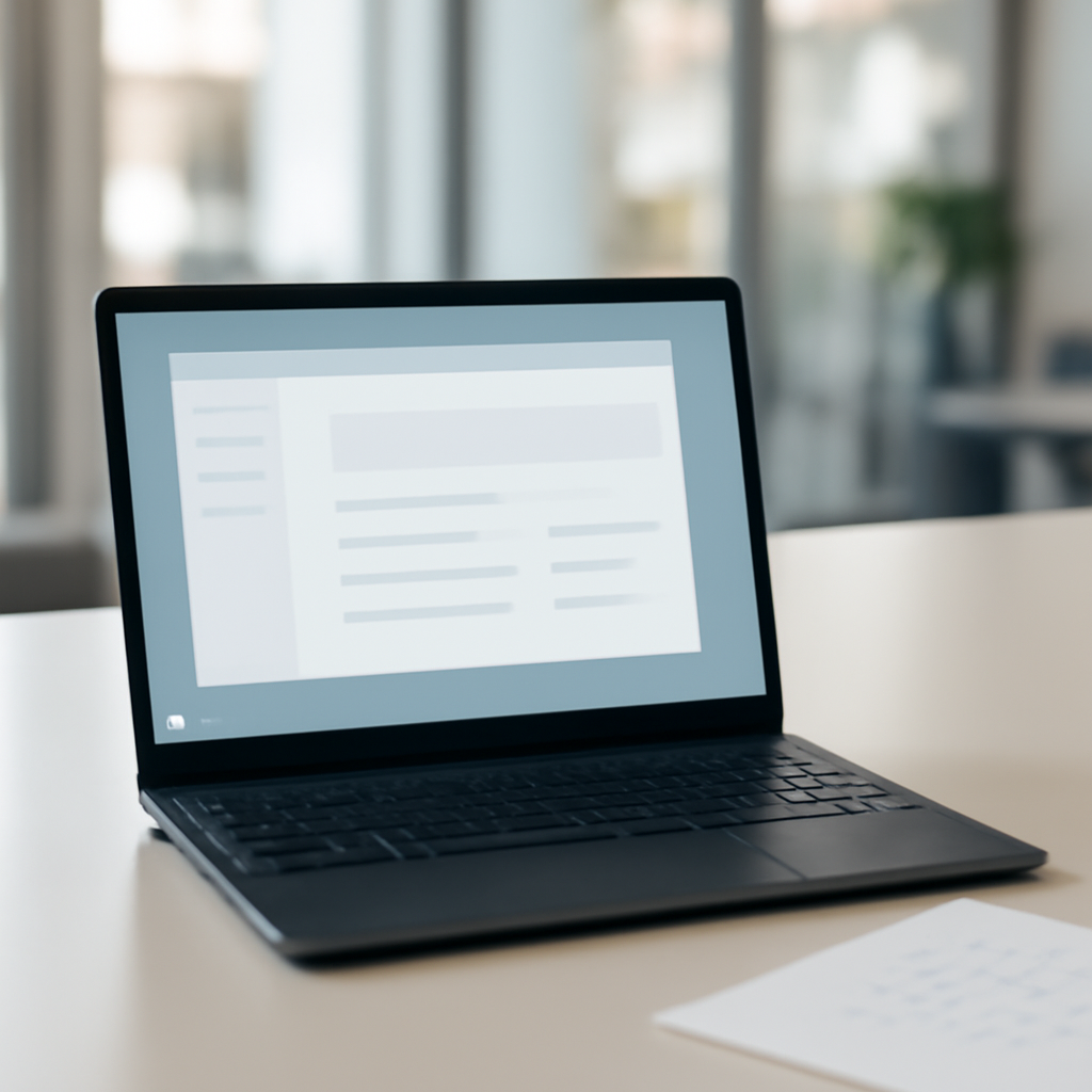 Windows laptop on a desk in a modern office with a blurred background and scribbled notes nearby.