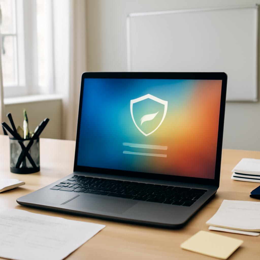 Cluttered office desk with Windows desktop computer and laptop displaying security interface.