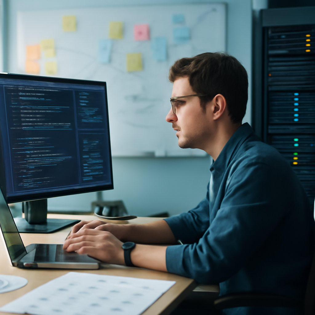 Developer sits at desk with laptop, surrounded by notes and diagrams on whiteboard, with computer screen and server rack in…