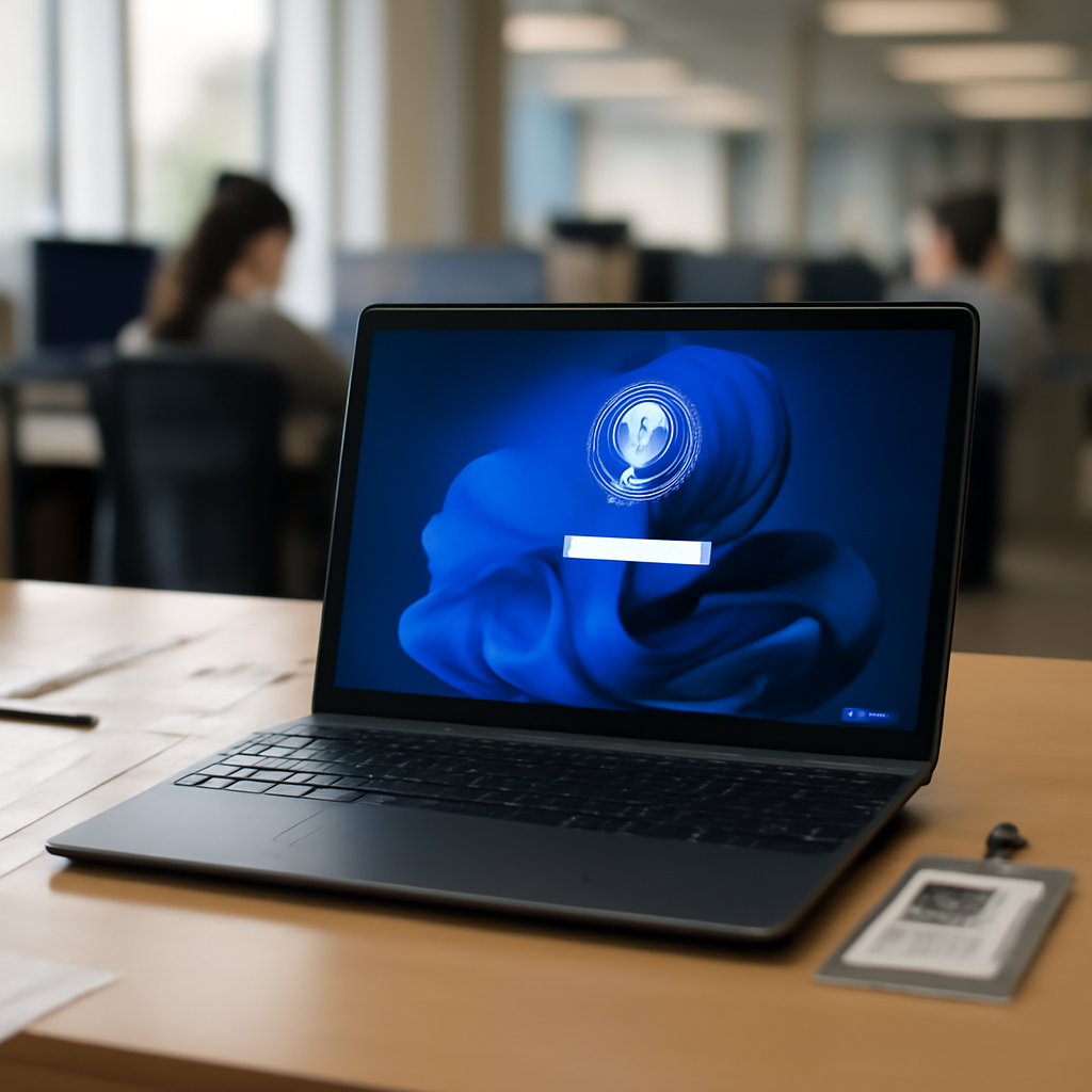 Windows 11 laptop on office desk with login prompt on out-of-focus screen.