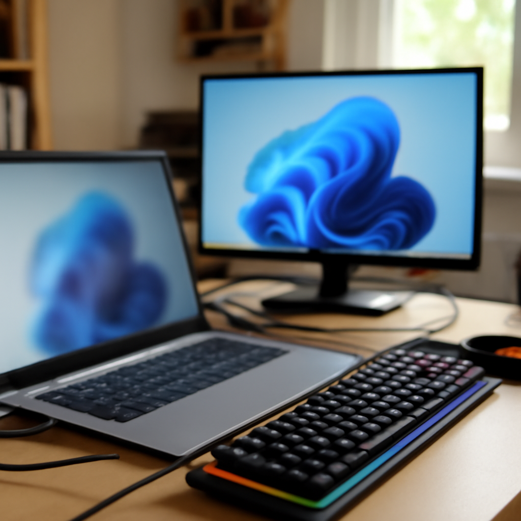 Cluttered home office with Windows 11 laptop, peripherals, and monitor on desk near window.