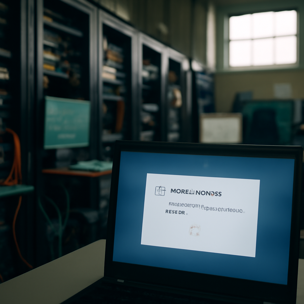 Dimly lit computer room with servers, networking equipment, and a Windows update screen on a single out-of-focus computer.