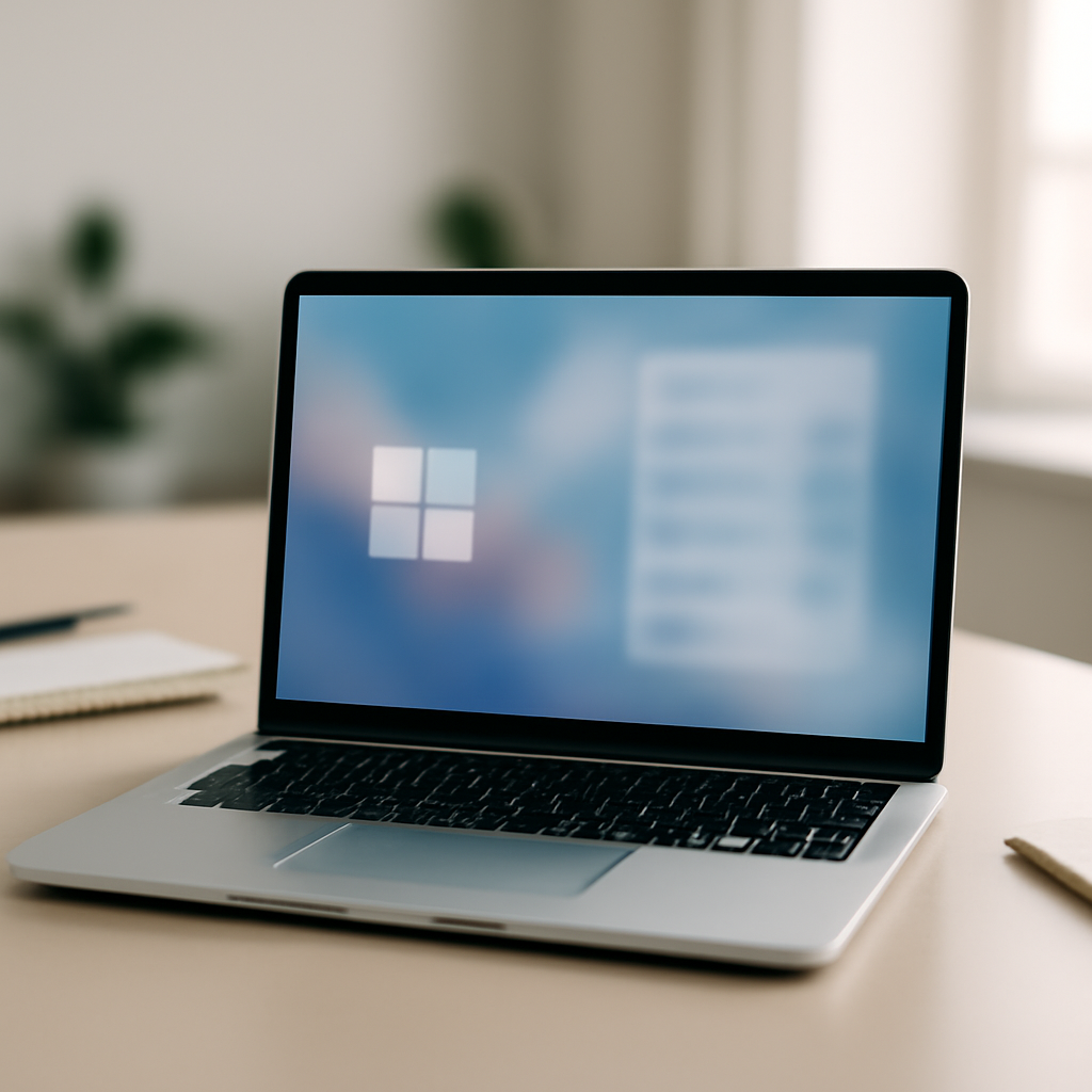 Windows laptop screen on a desk in a modern office with a blurred interface displayed.