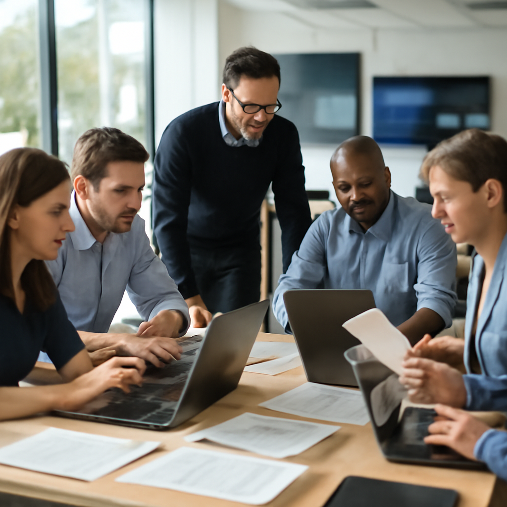 Team members in business casual attire gather around a workstation in a bright, institutional room.