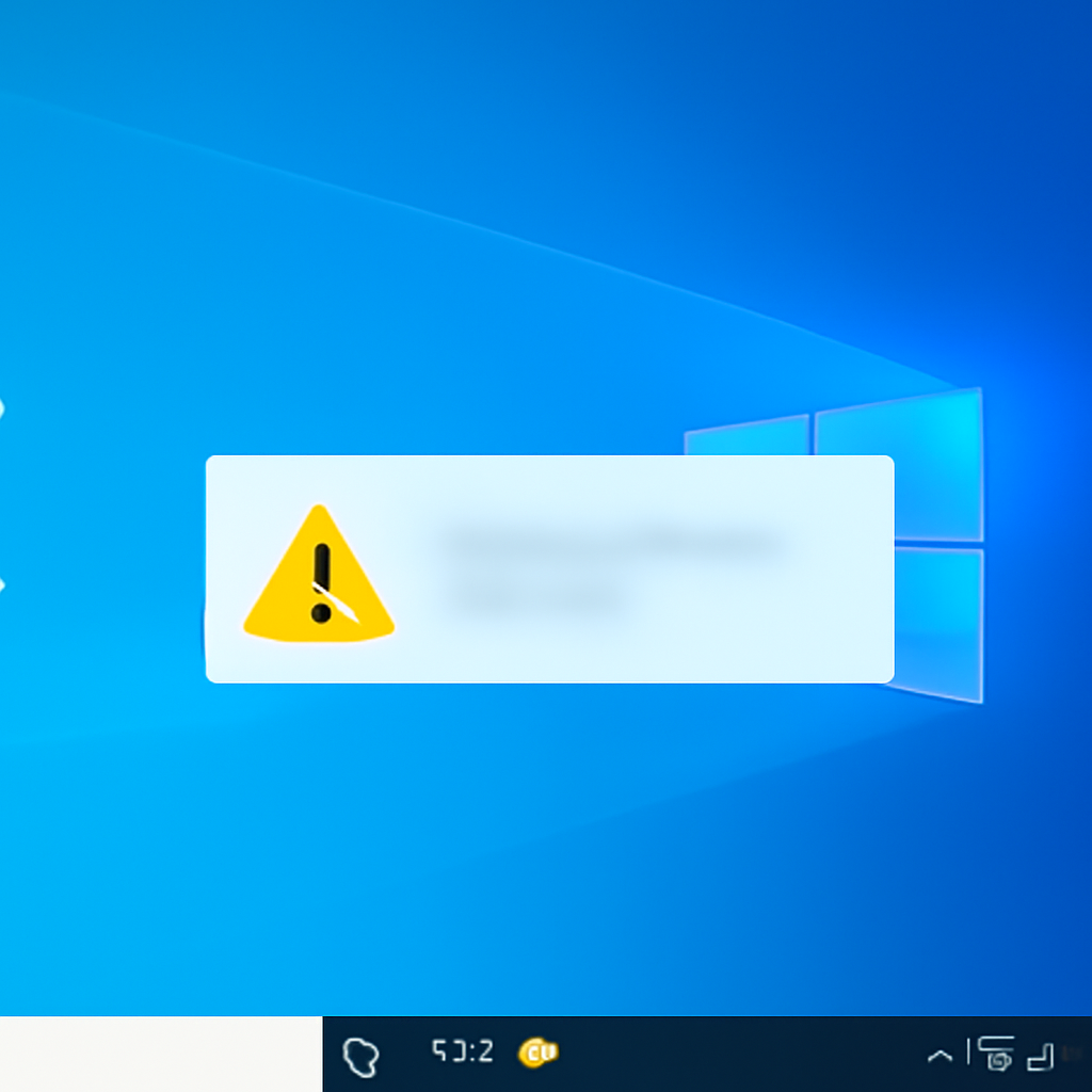 Windows desktop screen with a blurred notification alert and warning icon.