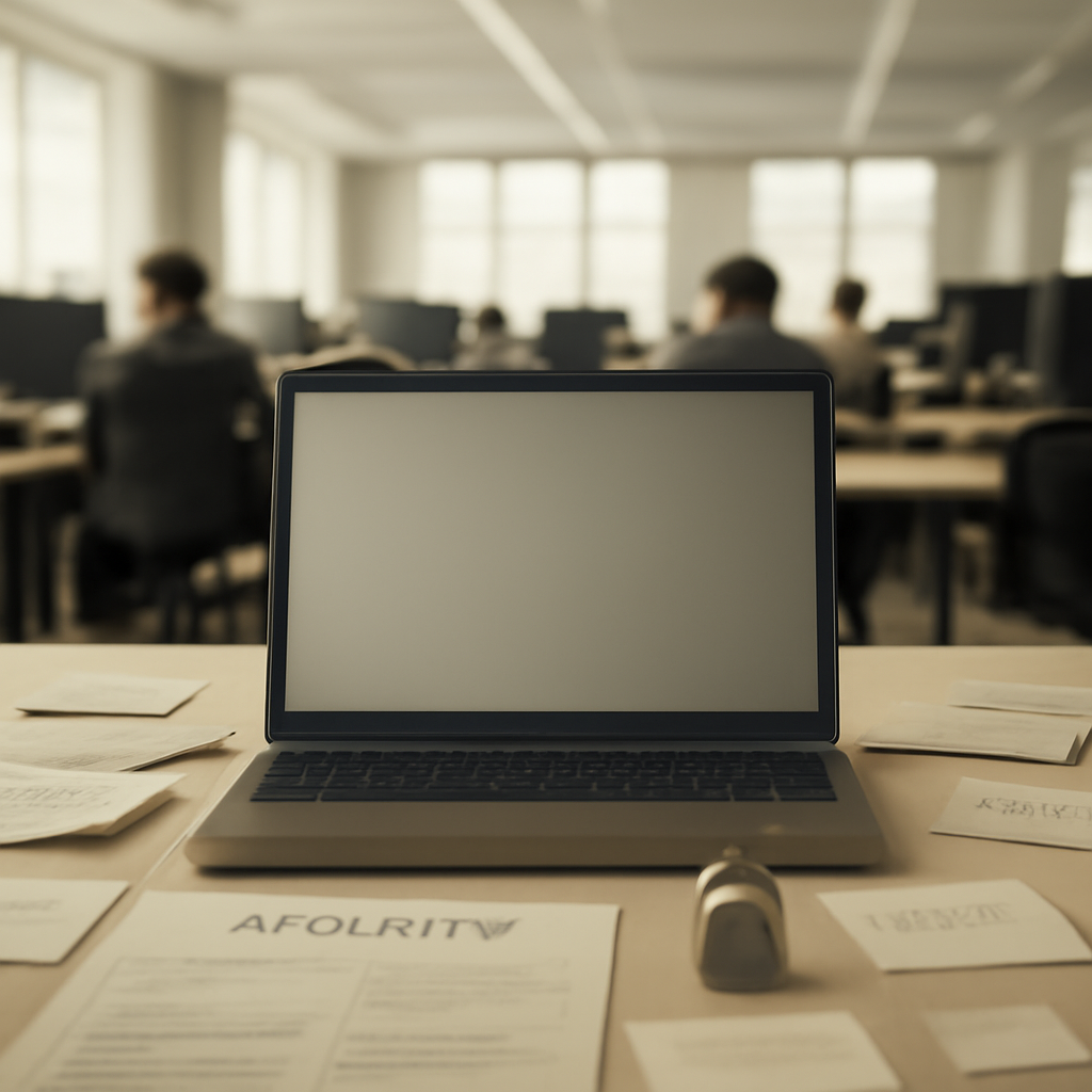 Rows of computer workstations with a central laptop or desktop and large windows in the background.