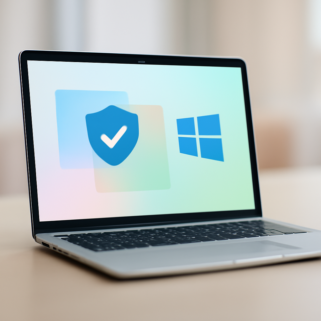 Windows device on a neutral surface with abstract security elements in the background.