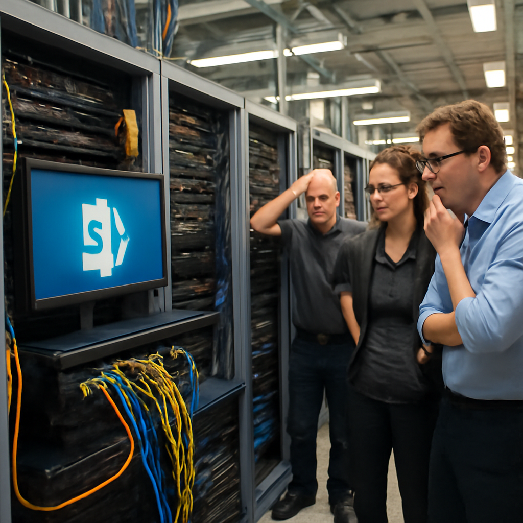 Rows of computer servers and equipment in a brightly-lit IT room, with a SharePoint Server setup centered amidst cables and…