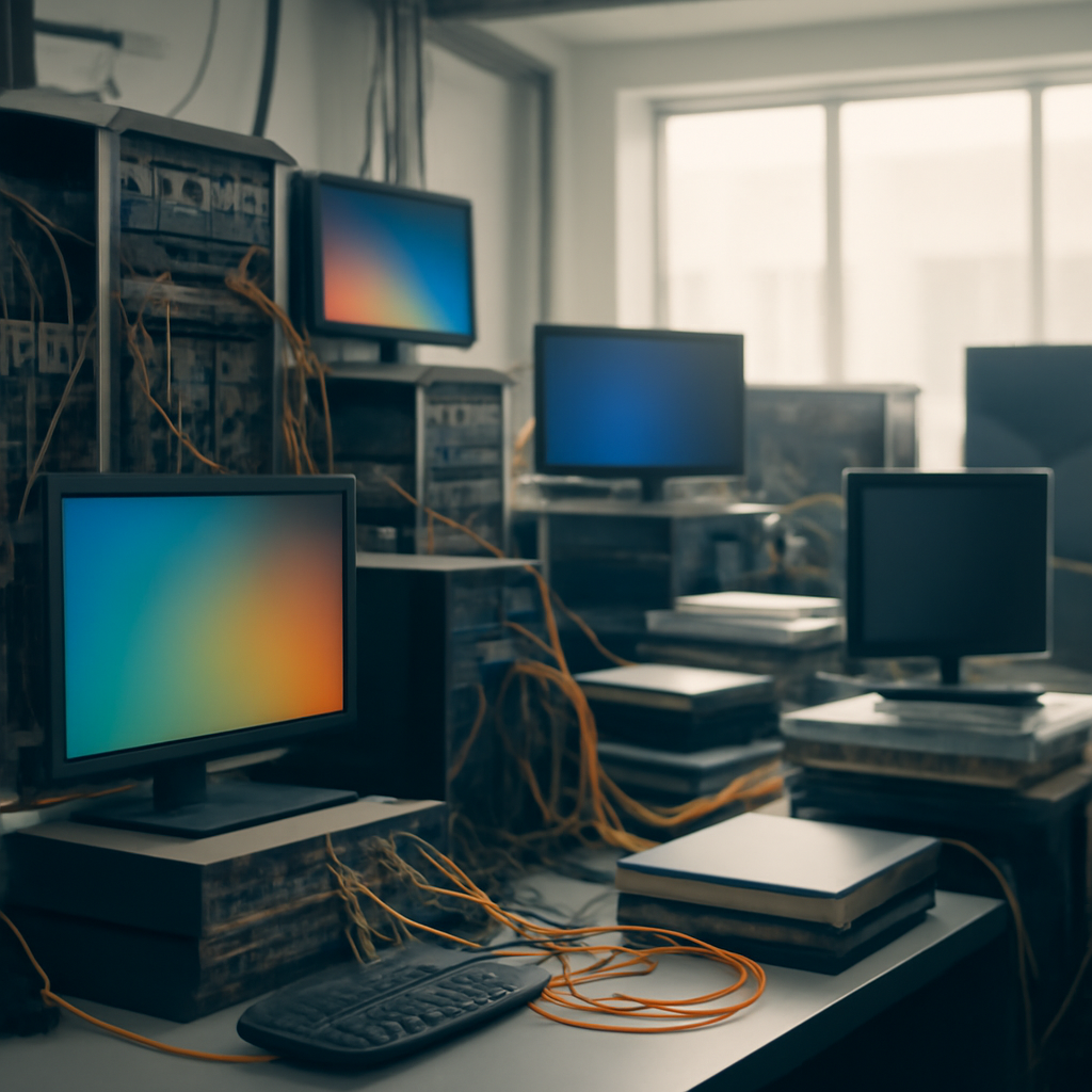Network operations center with computer equipment and cables, lit by natural daylight from large windows.