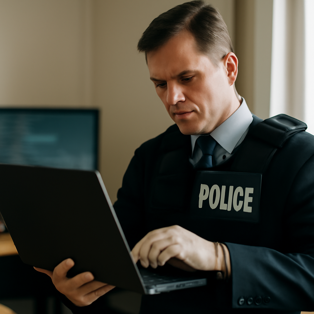 Law enforcement officer in formal setting with blurred computer screens behind.