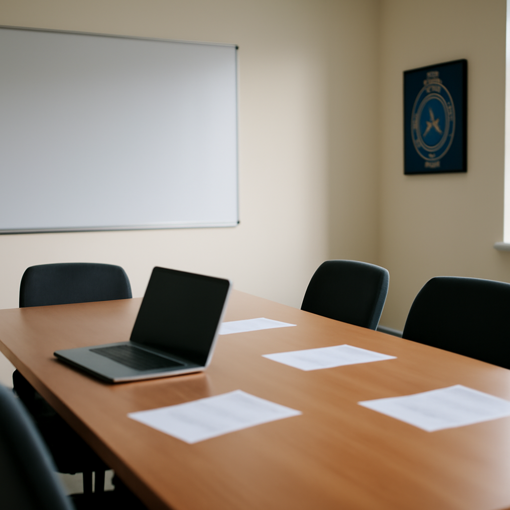 Law enforcement briefing room with table, chairs, and blurred laptop screen.
