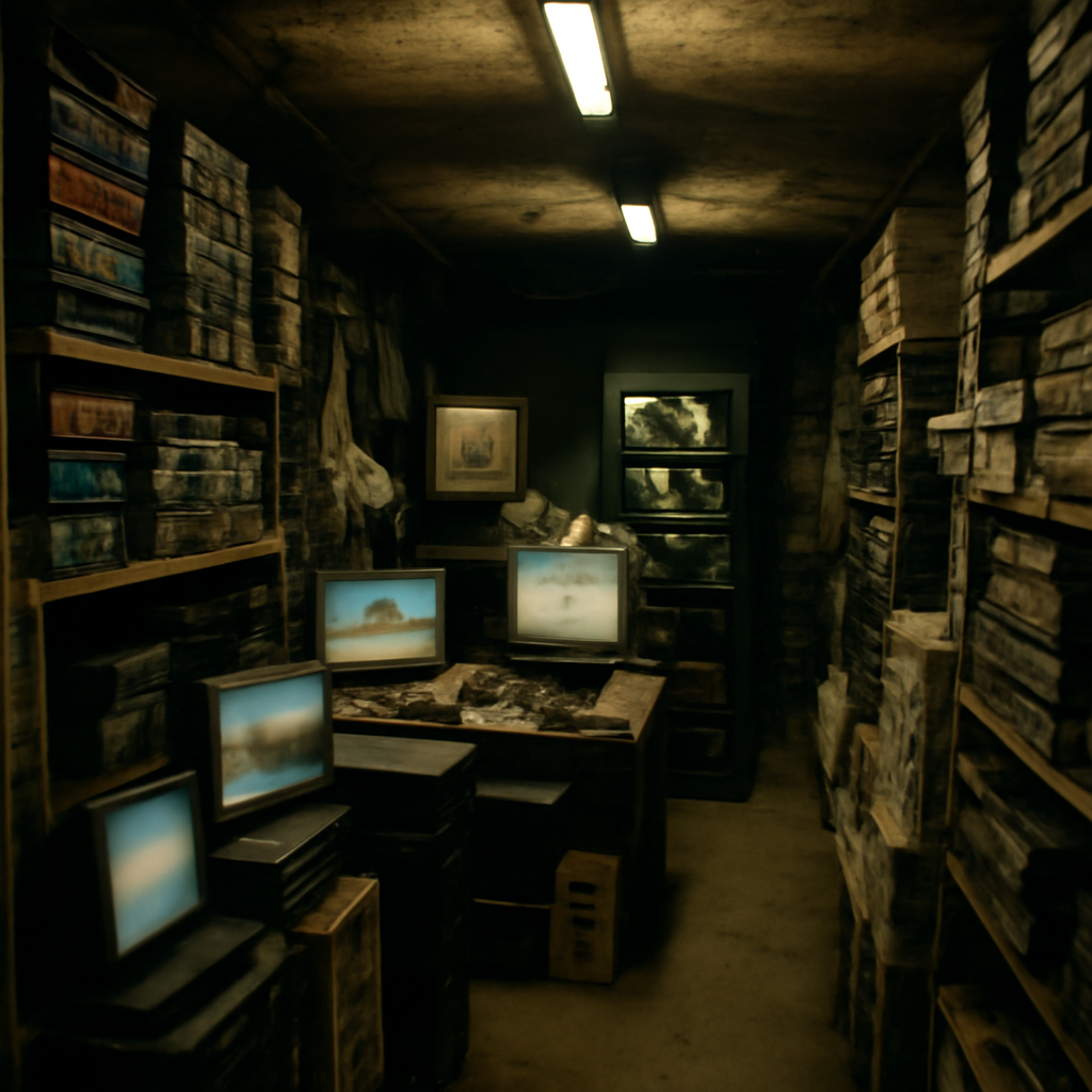 Cramped underground marketplace with rows of stacked computer servers and devices.