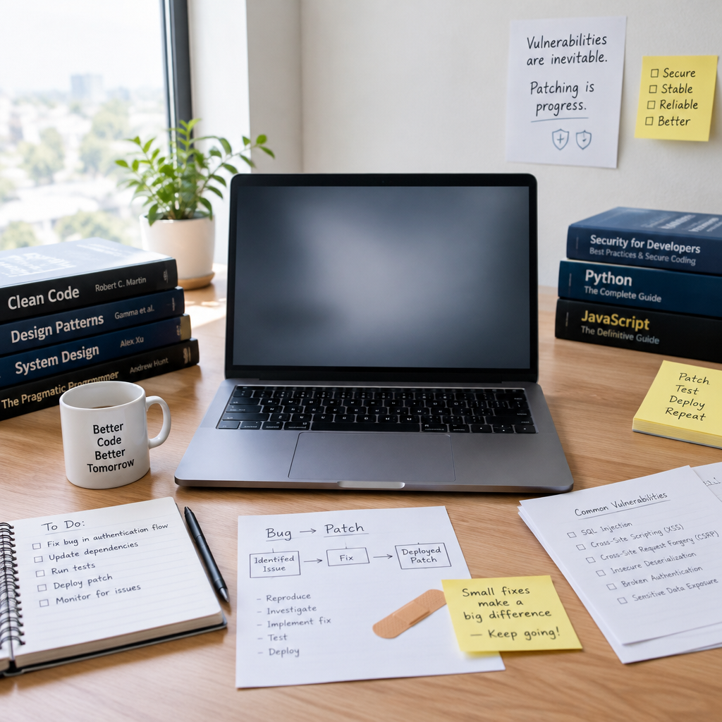 Software development workspace with laptop, papers, and coding books.