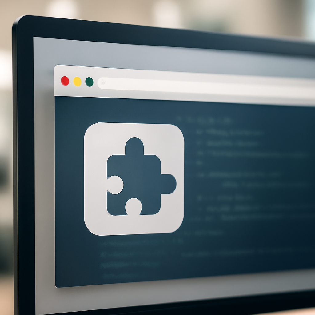 Browser extension icon on a computer screen with abstract code in the background.