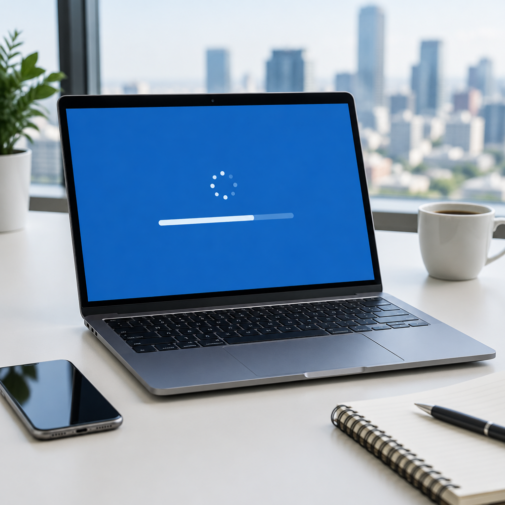 Laptop screen displays Windows update progress in office setting.