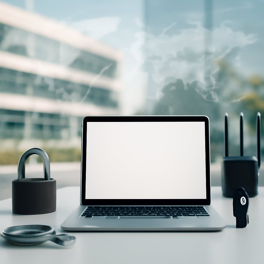 Modern tech company headquarters with a subtle global network hint and blurred cityscape background.
