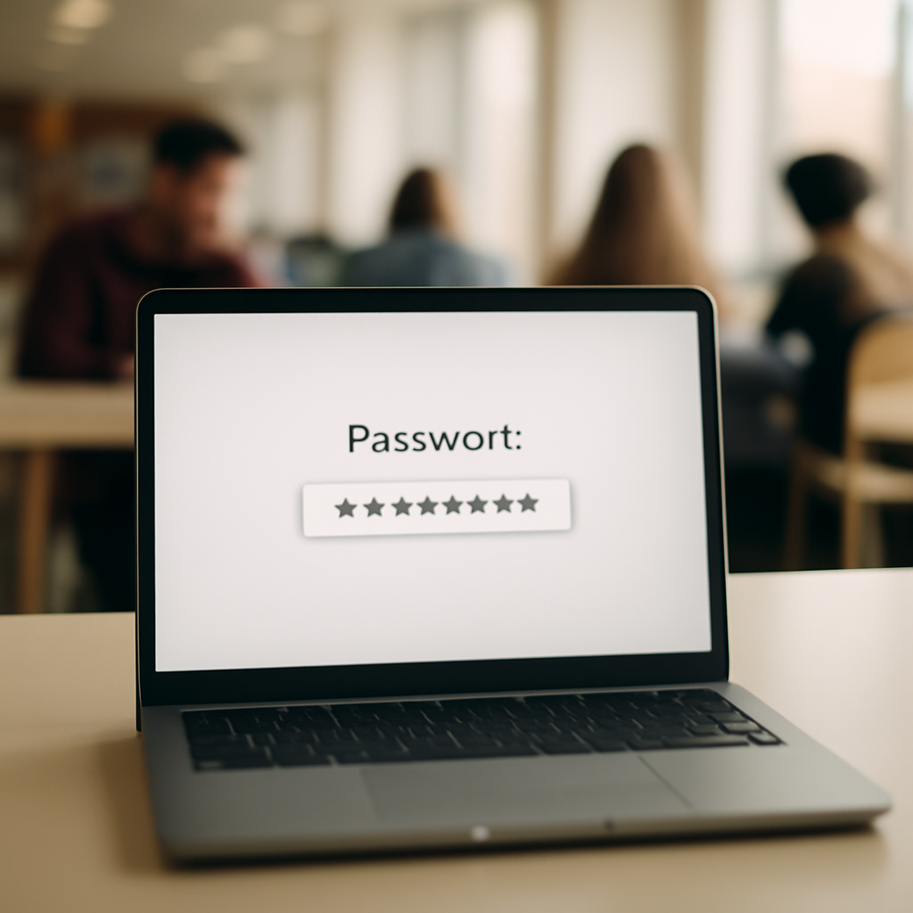 Laptop screen displays blurred password field in shared workspace near window.