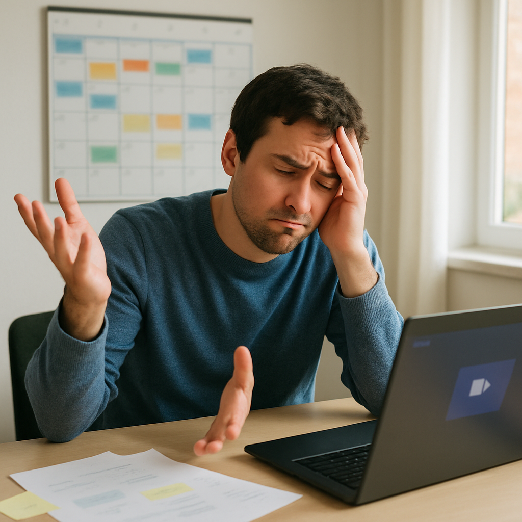 Person working at desk with computer and calendar, preparing for a virtual meeting.