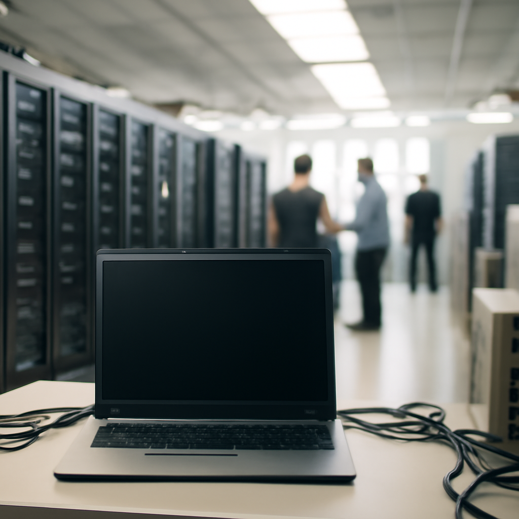 Server room with technicians in background and blank screen in foreground.