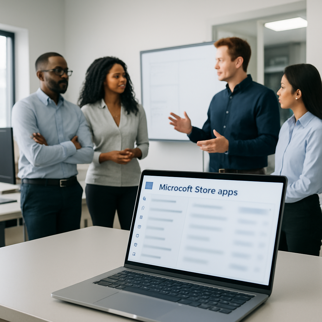Diverse IT team gathered around a monitor in a corporate office setting.