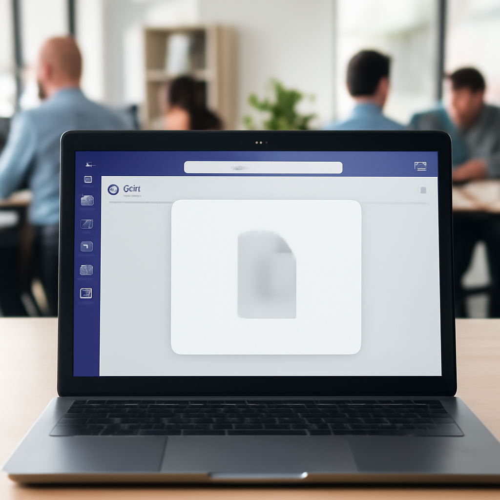 Microsoft Teams interface on laptop screen with file upload window and office background.