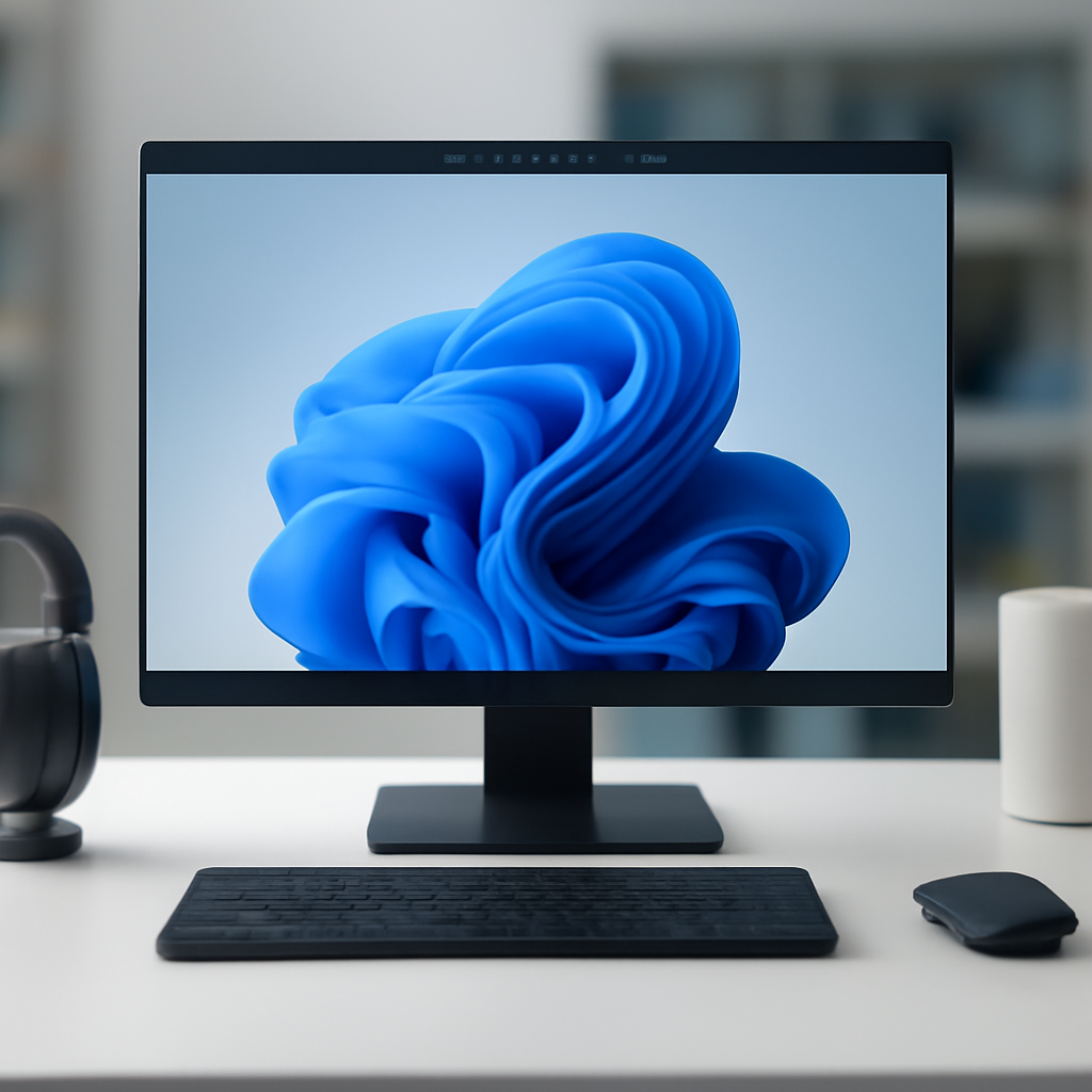 Windows 11 desktop with taskbar at top, modern setup, blurred home office background.