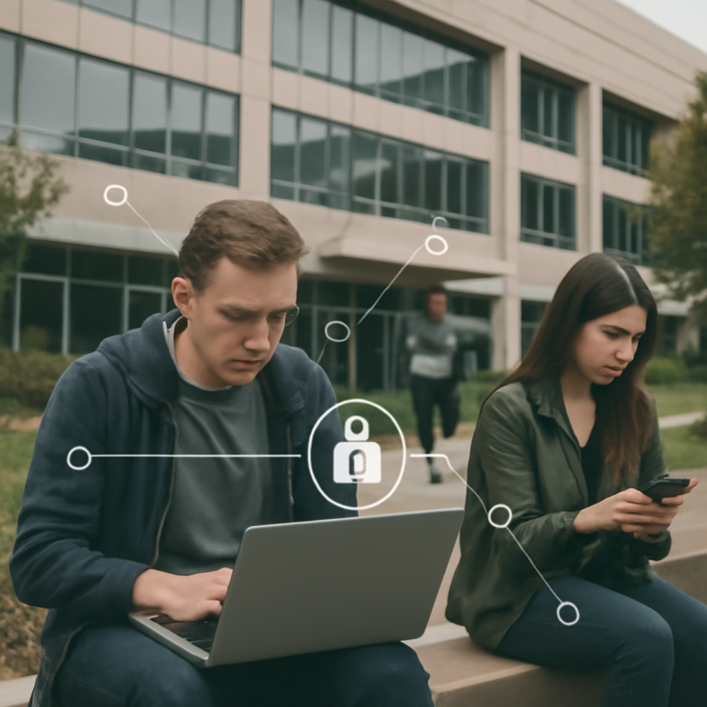 Employees work outside a modern office building with laptops and mobile devices.