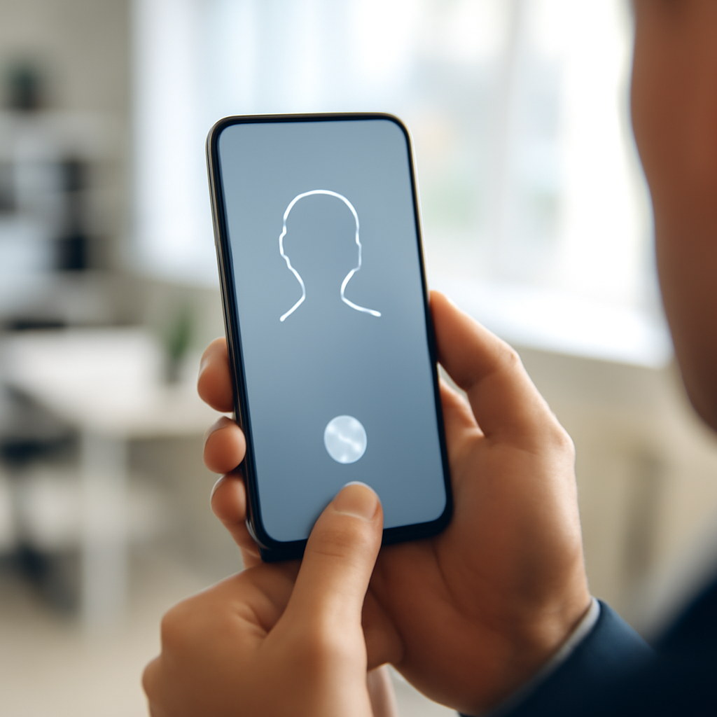 Person holding smartphone with biometric authentication, in modern office setting.