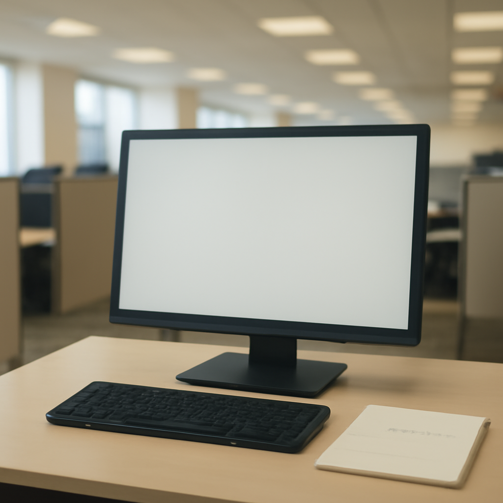 Empty office workspace with computer and notepad on desk.