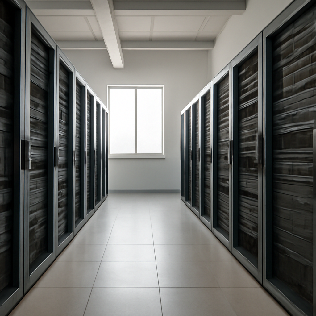 Rows of computer servers and networking equipment in a neutral-toned server room or data center interior.