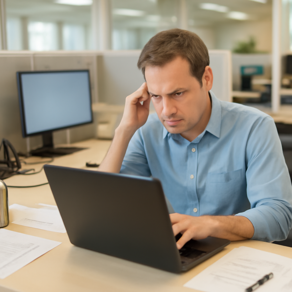 Brightly lit office with a computer screen error message, surrounded by scattered papers and empty coffee cups.