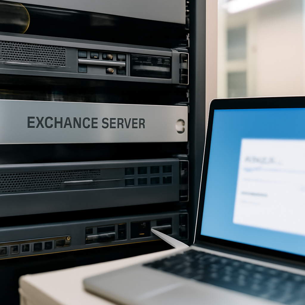 Rack of servers with a prominent Exchange Server device and nearby laptop in a brightly-lit data center.