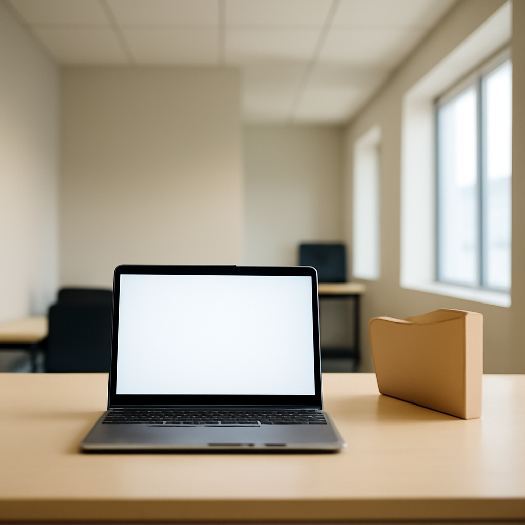 Empty office workstation with laptop and clean desk near a window.