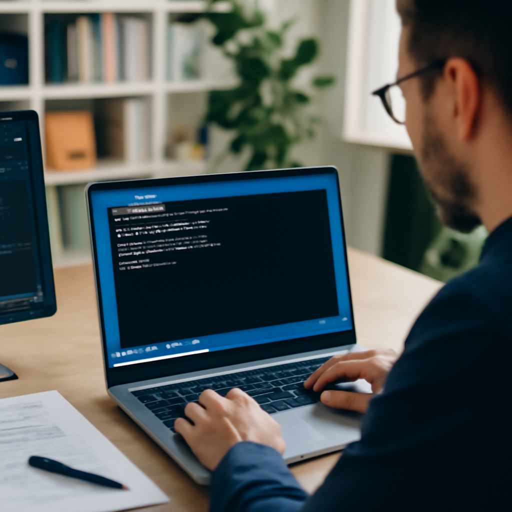 Developer working on Windows laptop with Linux terminal on screen.