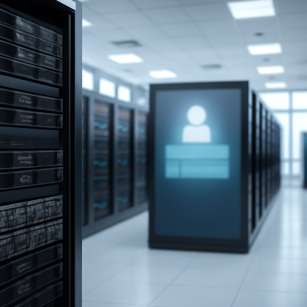 Rows of computer servers and storage systems in a brightly-lit data center, with a server rack in focus and a blurred login…