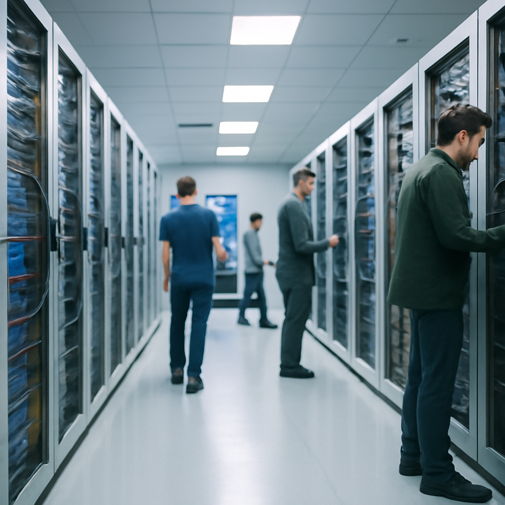 Rows of computer servers and networking equipment in a brightly-lit data center with technicians in the foreground.